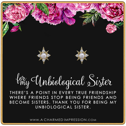 Best Friend Gifts for Women • Unbiological Sister • Christmas Gifts for Women • Stepsister Gifts • Love Friendship • Bonus Sister Earrings for 2 3 • Pearl Starburst Earrings