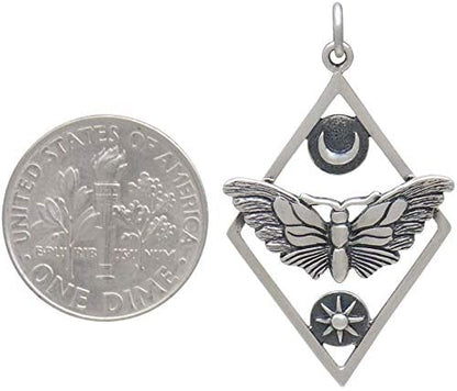 Sterling Silver Butterfly Moth with Sun and Moon • Adjustable Chain Necklace • Moth Pendant • Butterfly Insect Bug Jewelry • Metaphysical Charm • Celestial Moon Phases Pendant • Intuition Jewelry