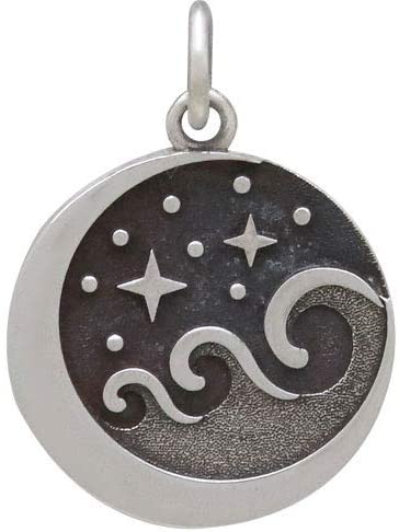 Sterling Silver Starry Night Ocean Waves Bracelet • Moonlight on The Sea • Stars Waves Moon Charm Bracelet • 6.5 - 7.25 Inch Adjustable Length • Handmade Jewelry Gift for Women / Girls