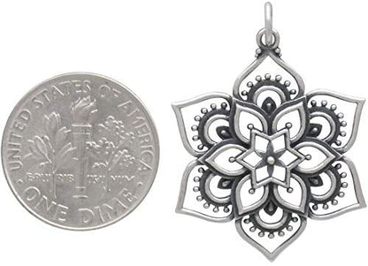 Sterling Silver Flower Mandala Charm • Antiqued Sterling Silver • Lotus Mandala Sterling Pendant • Boho Bohemian Jewelry • Abundance Strength Endurance Yoga Gifts for Women • Necklace Bracelet Charm