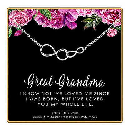 Great Grandma Gifts • Great Grandmother & Grandchild • Sterling Silver Infinity Necklace • Keepsake Gift From Granddaughter Grandson • Birthday Christmas Ideas for Women • Meaningful Sentimental Gifts