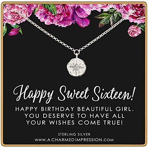 Sweet 16 Gift for Girls • Diamond Starburst Pendant • Happy 16th Birthday • Silver • Sixteen Years Old • For Daughter Niece Goddaughter • Dainty Necklace • Milestone Celebration Jewelry