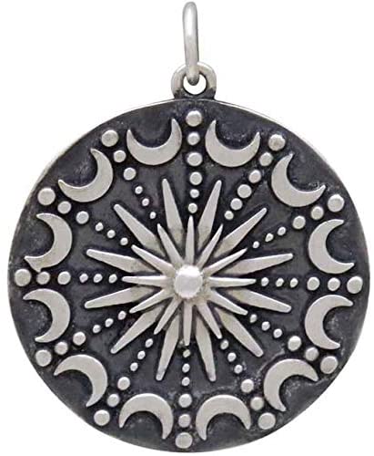 Sterling Silver Sun and Moon Mandala Necklace • Celestial Pendant • Lunar Moon Phases • Crescent Moon Necklace • Antiqued Sterling Silver Chain