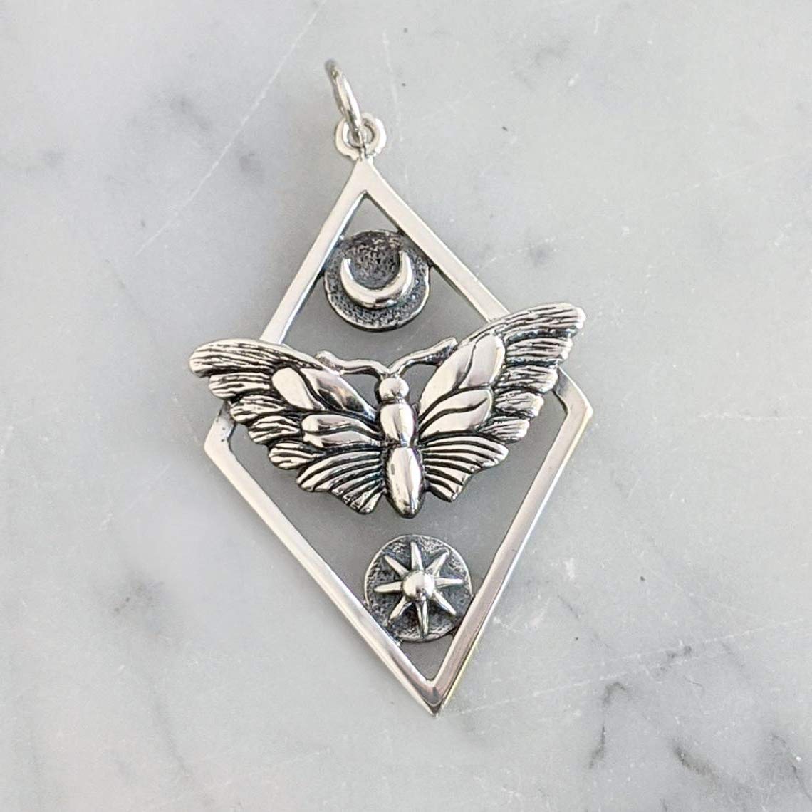 Sterling Silver Butterfly Moth with Sun and Moon • Adjustable Chain Necklace • Moth Pendant • Butterfly Insect Bug Jewelry • Metaphysical Charm • Celestial Moon Phases Pendant • Intuition Jewelry