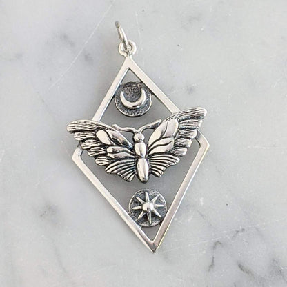 Sterling Silver Butterfly Moth with Sun and Moon • Adjustable Chain Necklace • Moth Pendant • Butterfly Insect Bug Jewelry • Metaphysical Charm • Celestial Moon Phases Pendant • Intuition Jewelry