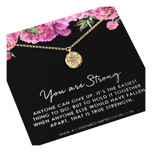 You Are Strong Necklace • Survivor Necklace • 14k Gold • Encouragement Gifts for Women • Diamond Starburst Charm • Never Give Up • Cancer Sobriety Recovery Loss Divorce • Mantra Affirmation Jewelry