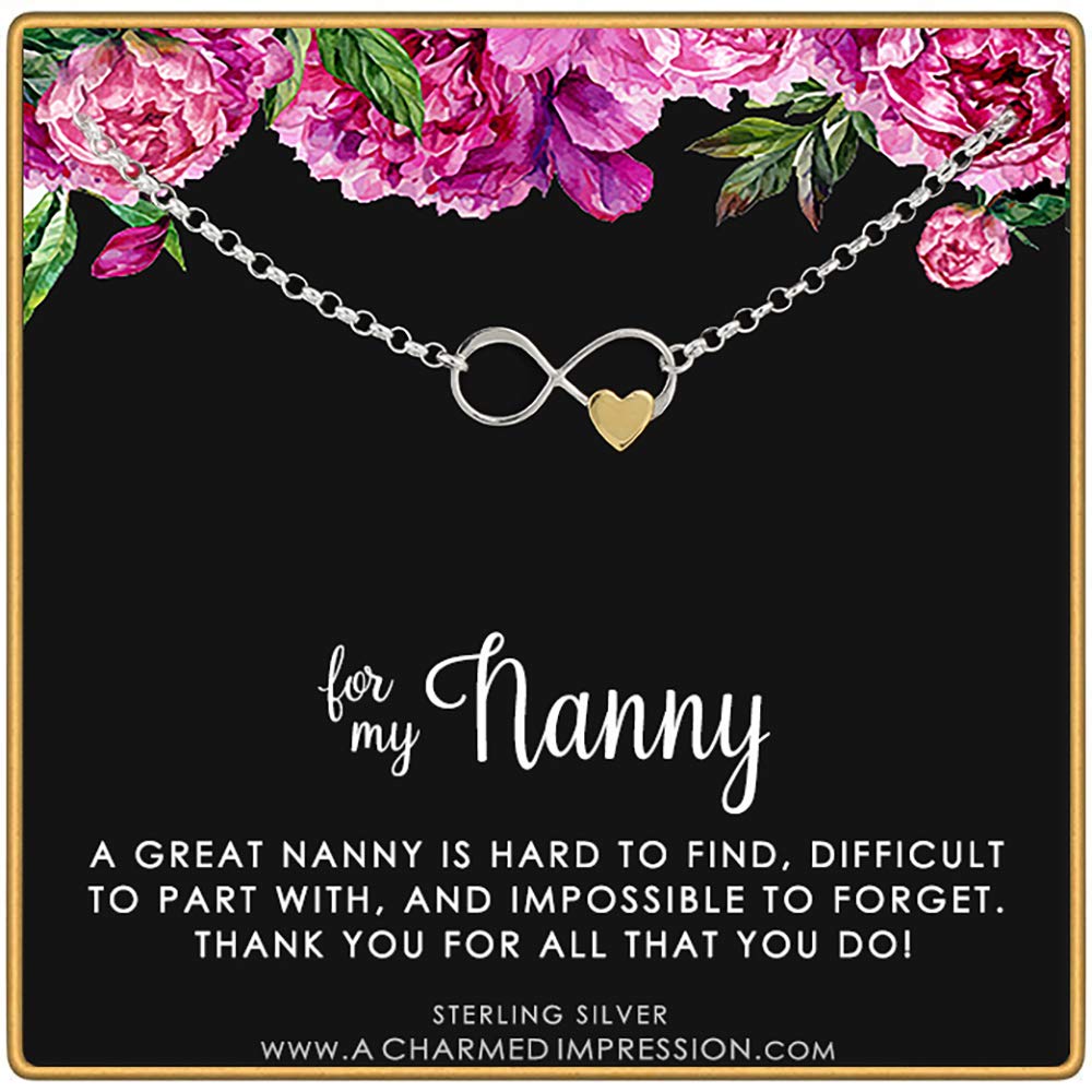 A Charmed Impression Nanny Gifts from Kids for Women • Gift for Nanny Bracelet • Sterling Silver Bracelet • Babysitter Gratitude and Appreciation Jewelry • Best Nanny Ever • Infinity Gold Heart Charm