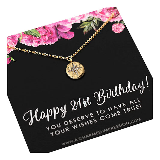 21st Birthday Gift • Gold Necklace for Her • Diamond Starburst Necklace • 21 Years Old • Milestone Celebration Jewelry • Gifts Ideas for Soul Sister, Best Friend or Daughter