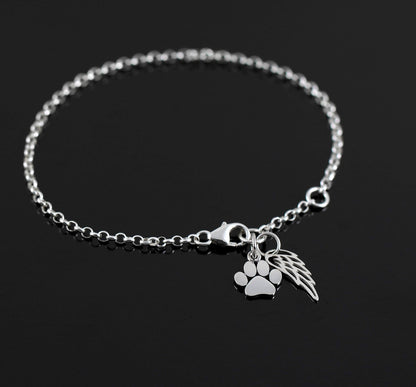 Gift for Loss of Pet • Sterling Silver Paw Print and Angel Wing Bracelet • Grief Jewelry for Women Girls • Pawprints on my Heart • Sorry for Your Loss of Dog Cat • Pet Memorial • No Longer by my Side