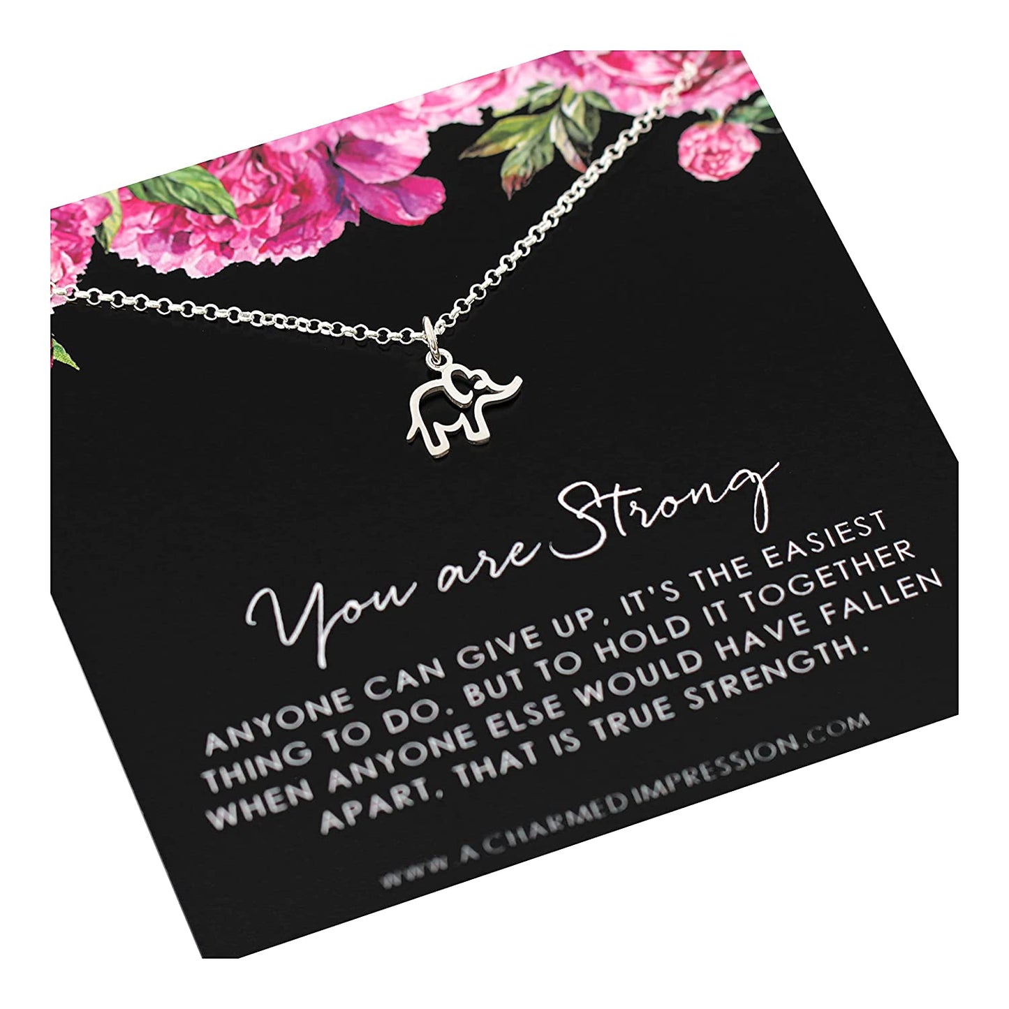 You are Strong • Inspirational Gifts for Women • Sterling Silver Necklace • Lucky Elephant Charm • Gift for Cancer Survivor, Infertility, Suicide, Recovery, Divorce, Depression • Encouragement Gifts