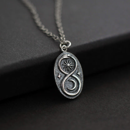 Two Cups Sterling Silver Infinity Ouroboros Snake Pendant on Antiqued Sterling Silver Chain • Sun Moon Lunar Circle