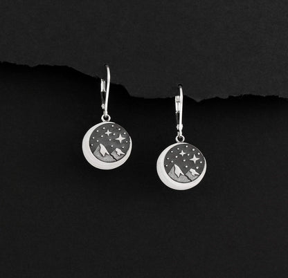 Sterling Silver Star Moon & Mountains Earrings • Starry Night Mountain Charm Leverback Earrings • Crescent Moon • Snow Capped Mountain Necklace • Outdoors Hiking Camping • Nature Lover Gifts for Women