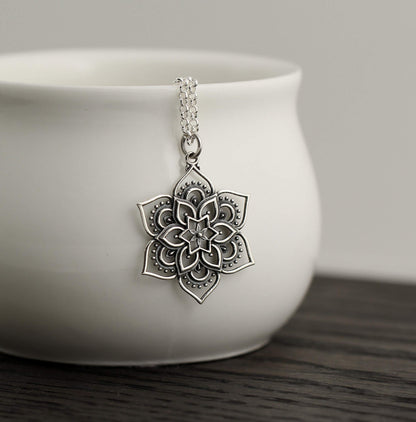 Sterling Silver Flower Mandala Charm • Antiqued Sterling Silver • Lotus Mandala Sterling Pendant • Boho Bohemian Jewelry • Abundance Strength Endurance Yoga Gifts for Women • Necklace Bracelet Charm