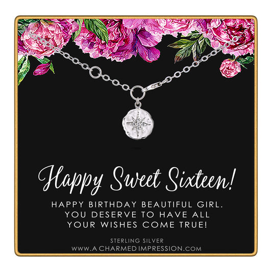 Sweet 16 • 16th Birthday Gifts for Teen Girls • Silver Bracelet • CZ Diamond Starburst Charm • Bracelets for Women • Sixteen Birthday Gift for Daughter Best Friend Girlfriend Granddaughter