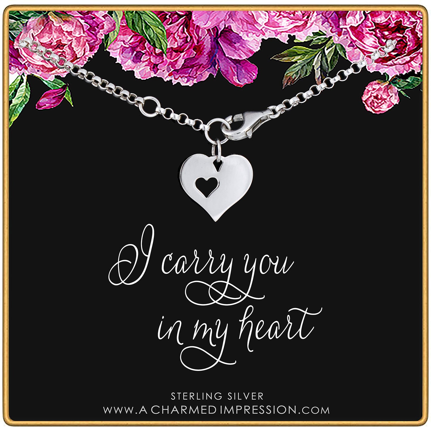 I Carry Your Heart with Me • Silver Bracelet for Women • Missing You Gift • Adoption Surrogate Mom Jewelry • Remembrance Memorial Bracelet • Sorry for Your Loss • Grief Loss Gift