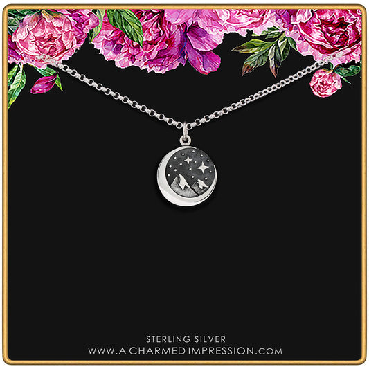 Sterling Silver Star Moon & Mountains Pendant Necklace • Starry Night Mountain Charm • Crescent Moon • Snow Capped Mountain Necklace • Outdoors Hiking Camping • Nature Lover Gifts for Women