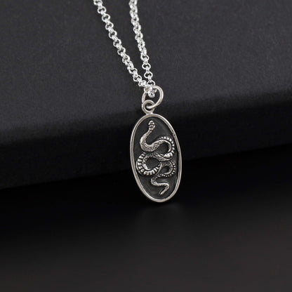 Two Cups Sterling Silver Oval Snake Pendant Necklace • Snake Spirit Talisman • Antiqued Sterling Silver Chain