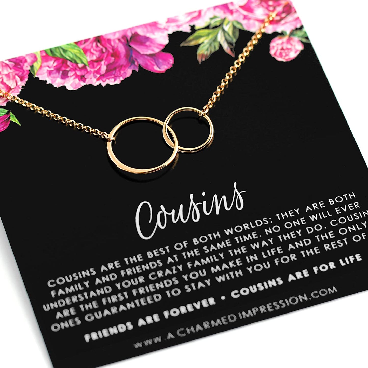 Cousin Gifts for Women Girls • Card and Gift for Cousin Woman • 2 Connected Eternity Circles • 14k Gold Necklace • Gifts for Cousins • Family Jewelry • Friends Forever • Friendship Love Quote Saying