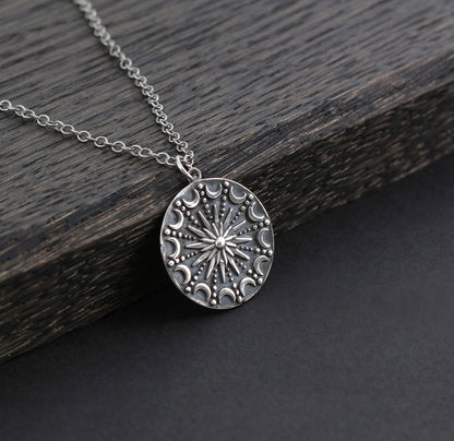 Sterling Silver Sun and Moon Mandala Necklace • Celestial Pendant • Lunar Moon Phases • Crescent Moon Necklace • Antiqued Sterling Silver Chain