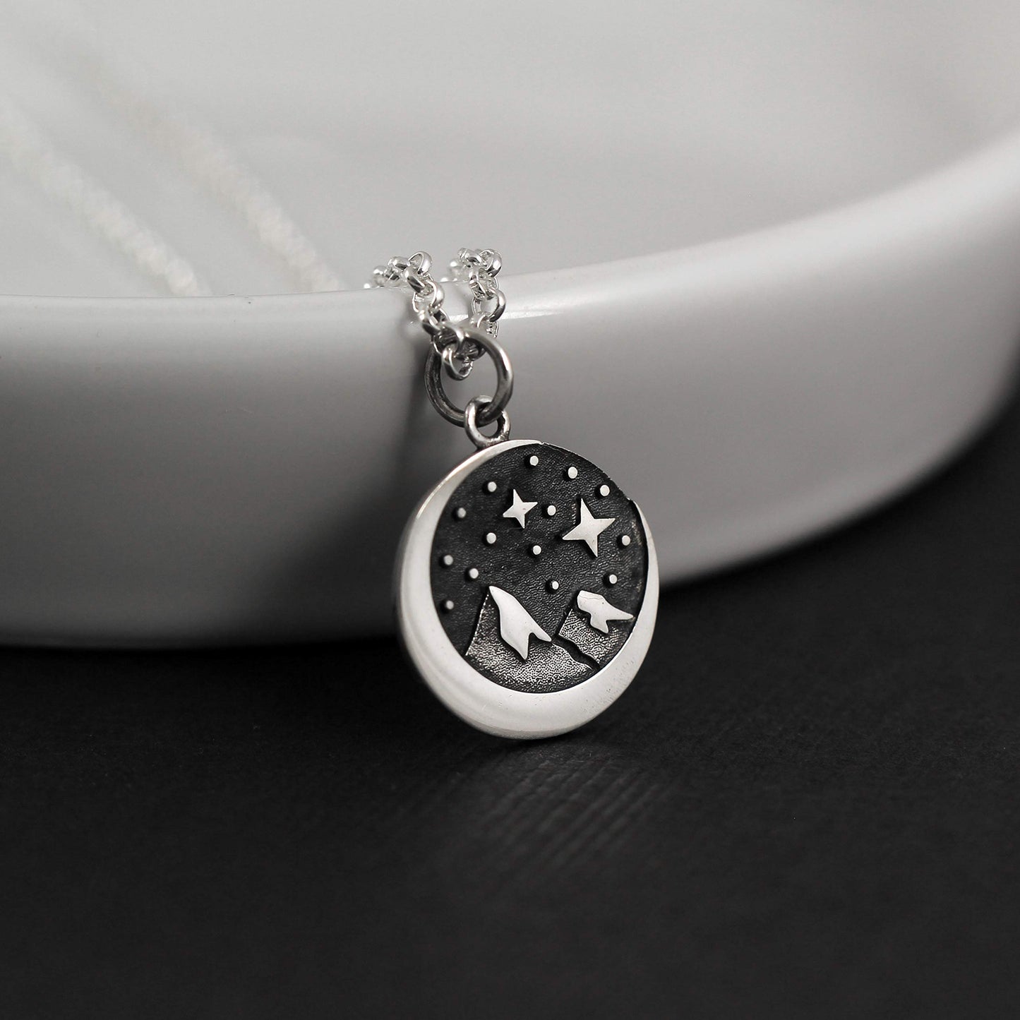 Sterling Silver Star Moon & Mountains Pendant Necklace • Starry Night Mountain Charm • Crescent Moon • Snow Capped Mountain Necklace • Outdoors Hiking Camping • Nature Lover Gifts for Women
