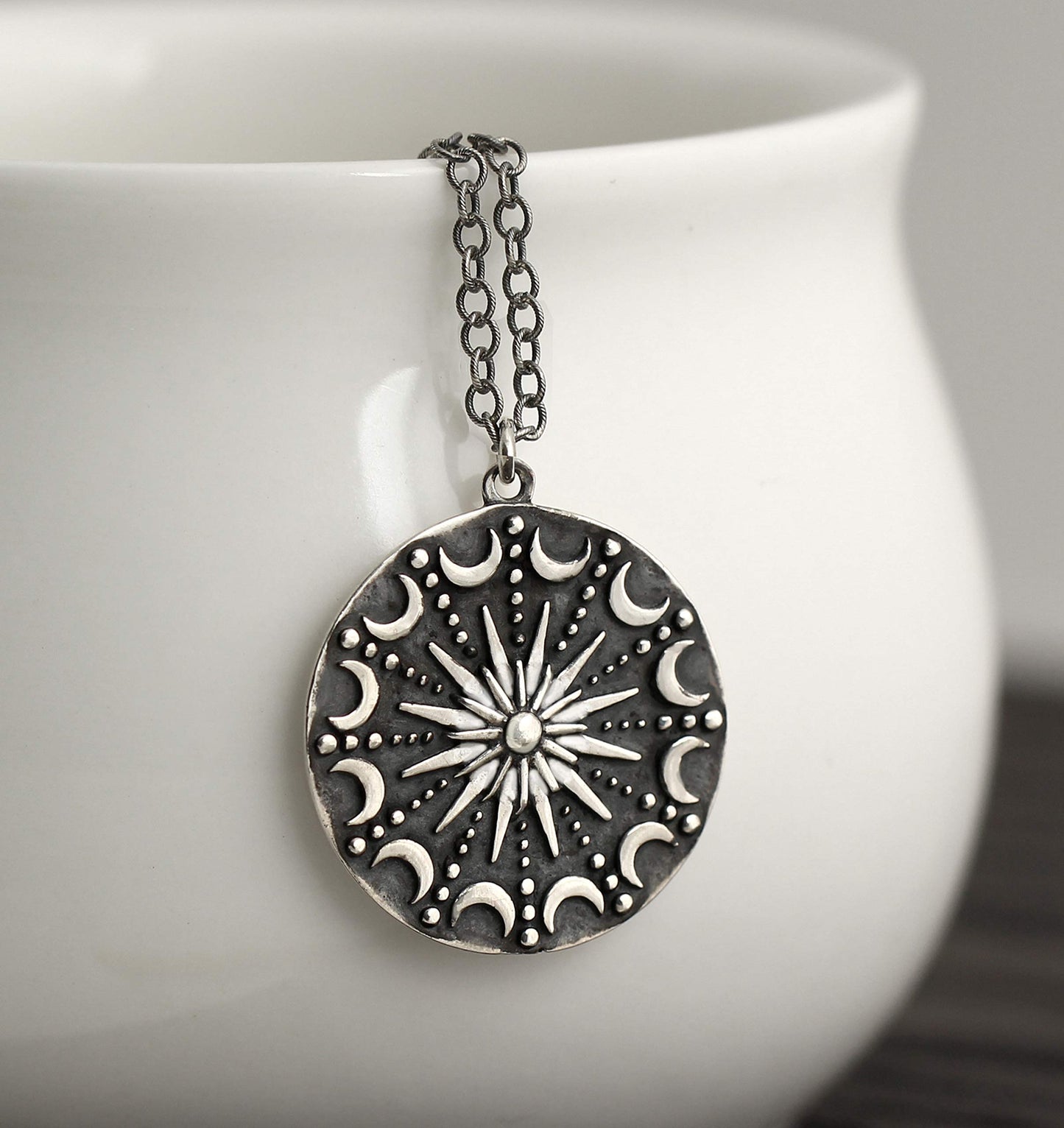 Sterling Silver Sun and Moon Mandala Necklace • Celestial Pendant • Lunar Moon Phases • Crescent Moon Necklace • Antiqued Sterling Silver Chain