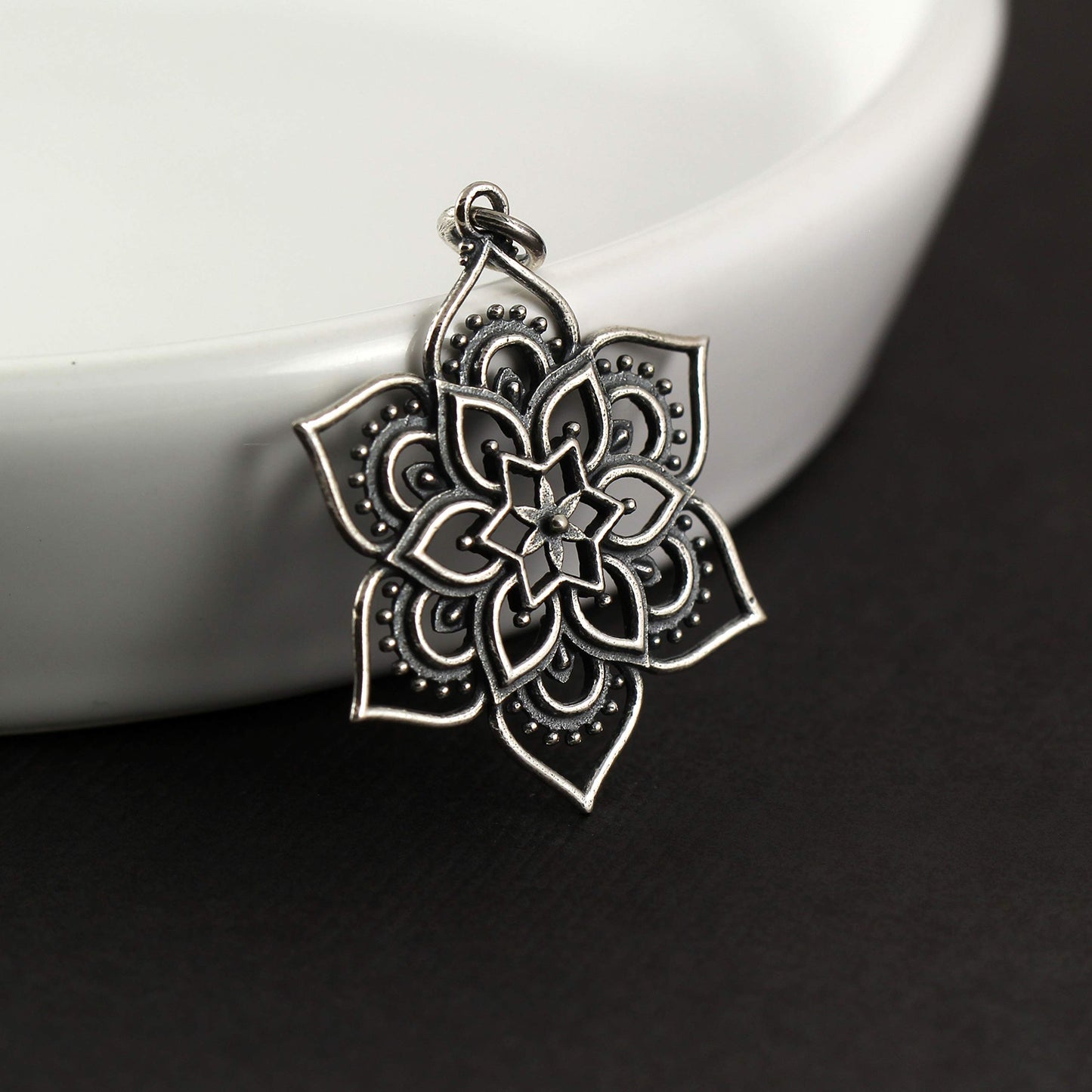 Sterling Silver Flower Mandala Charm • Antiqued Sterling Silver • Lotus Mandala Sterling Pendant • Boho Bohemian Jewelry • Abundance Strength Endurance Yoga Gifts for Women • Necklace Bracelet Charm