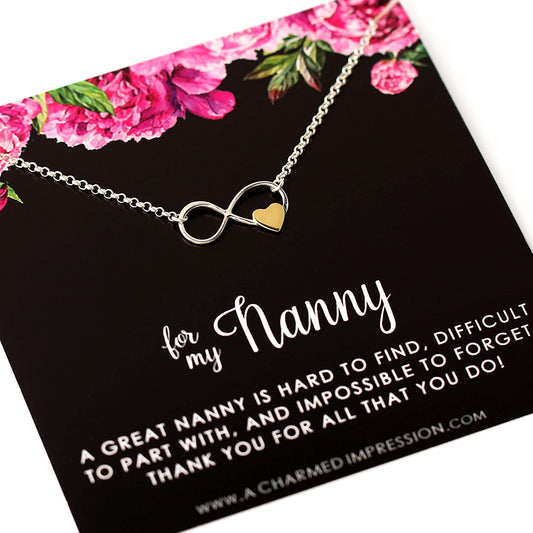 Nanny Gifts from Kids • Christmas Gifts for Women • Gift for Nanny Necklace • Sterling Silver Necklace • Babysitter Gratitude and Appreciation Jewelry • Best Nanny Ever • Infinity Gold Heart Charm