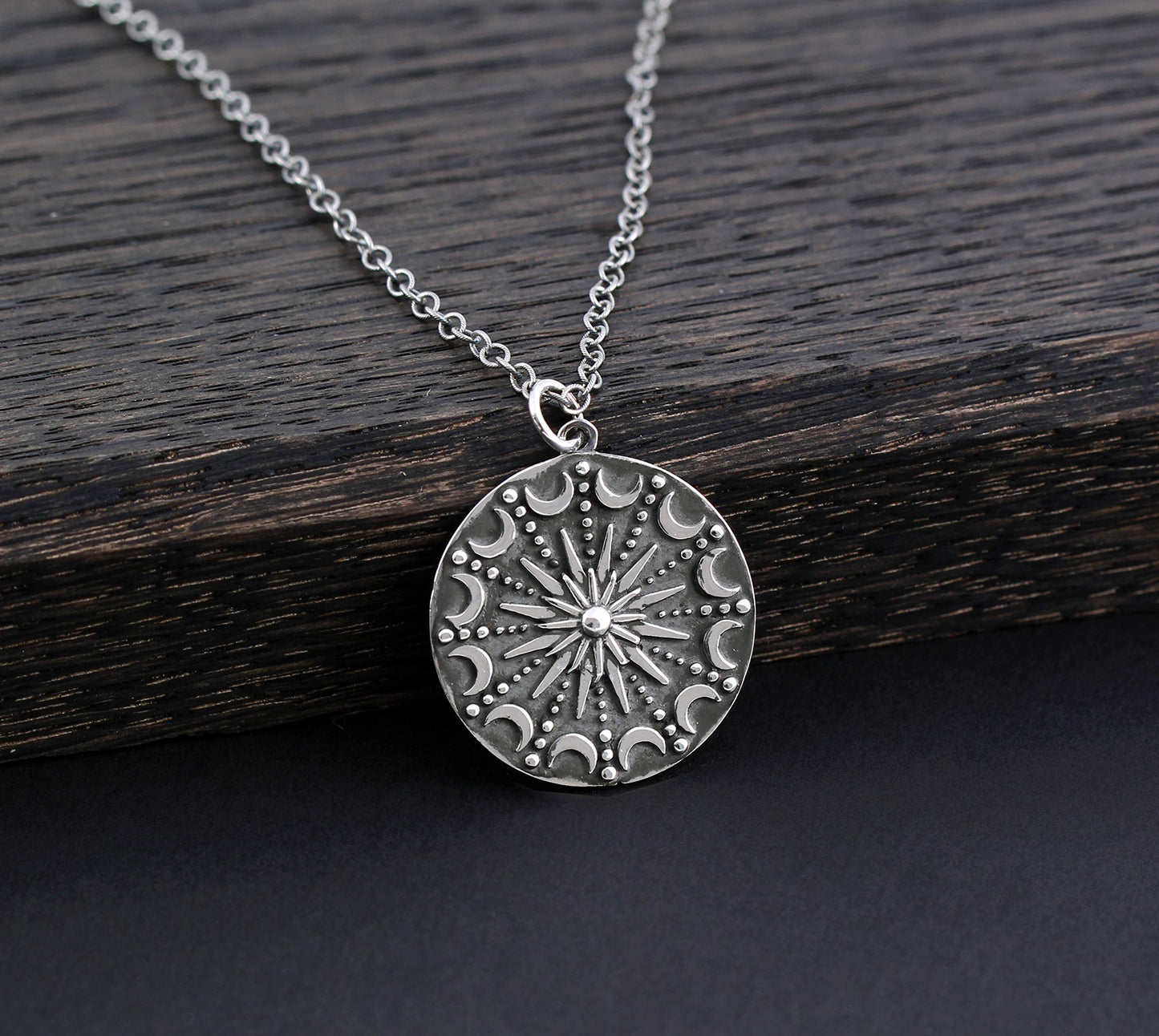 Sterling Silver Sun and Moon Mandala Necklace • Celestial Pendant • Lunar Moon Phases • Crescent Moon Necklace • Antiqued Sterling Silver Chain