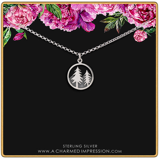 Sterling Silver Mountain and Tree Necklace, Pine Tree Necklace, Mountain Necklace, Pine Tree Jewelry, Pine Tree Pendant, Woodland Jewelry, Hiking Gift for Hiker, Outdoors Nature Lover Gifts for Women