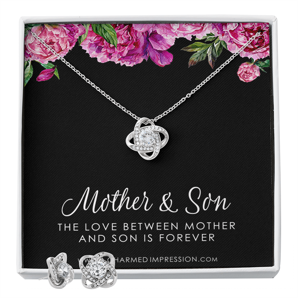 Gifts for Mom - Mother and Son Necklace & Earrings - Boy Mom Gift - Love Knot Charm - Infinite Love Jewelry - 14k White Gold - Adjustable Length