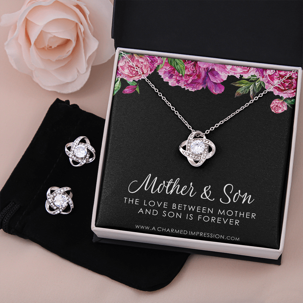 Gifts for Mom - Mother and Son Necklace & Earrings - Boy Mom Gift - Love Knot Charm - Infinite Love Jewelry - 14k White Gold - Adjustable Length