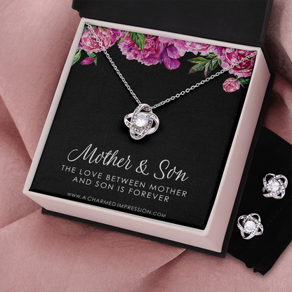 Gifts for Mom - Mother and Son Necklace & Earrings - Boy Mom Gift - Love Knot Charm - Infinite Love Jewelry - 14k White Gold - Adjustable Length