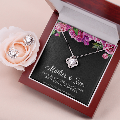 Gifts for Mom - Mother and Son Necklace & Earrings - Boy Mom Gift - Love Knot Charm - Infinite Love Jewelry - 14k White Gold - Adjustable Length