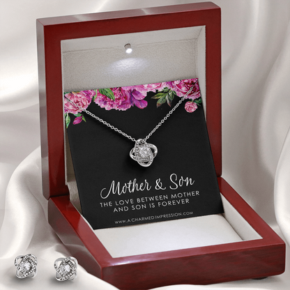 Gifts for Mom - Mother and Son Necklace & Earrings - Boy Mom Gift - Love Knot Charm - Infinite Love Jewelry - 14k White Gold - Adjustable Length