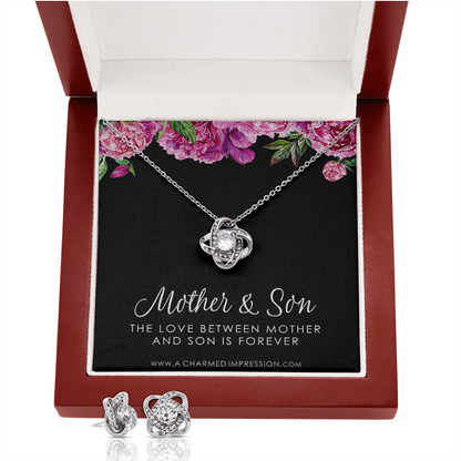 Gifts for Mom - Mother and Son Necklace & Earrings - Boy Mom Gift - Love Knot Charm - Infinite Love Jewelry - 14k White Gold - Adjustable Length