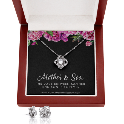 Gifts for Mom - Mother and Son Necklace & Earrings - Boy Mom Gift - Love Knot Charm - Infinite Love Jewelry - 14k White Gold - Adjustable Length