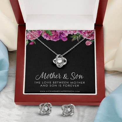 Gifts for Mom - Mother and Son Necklace & Earrings - Boy Mom Gift - Love Knot Charm - Infinite Love Jewelry - 14k White Gold - Adjustable Length