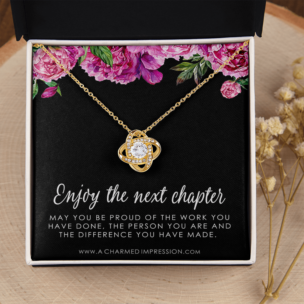 Retirement Gifts for Women, Enjoy the Next Chapter New Job, Promotion, Service Appreciation, Retirement Gift for Her, CZ Love Knot Necklace