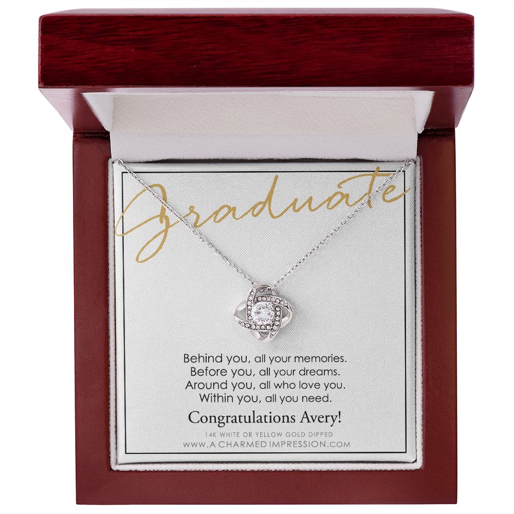 Personalized Graduation Gift, Behind You and Before You Message Card, Celebration Present - Love Knot Necklace