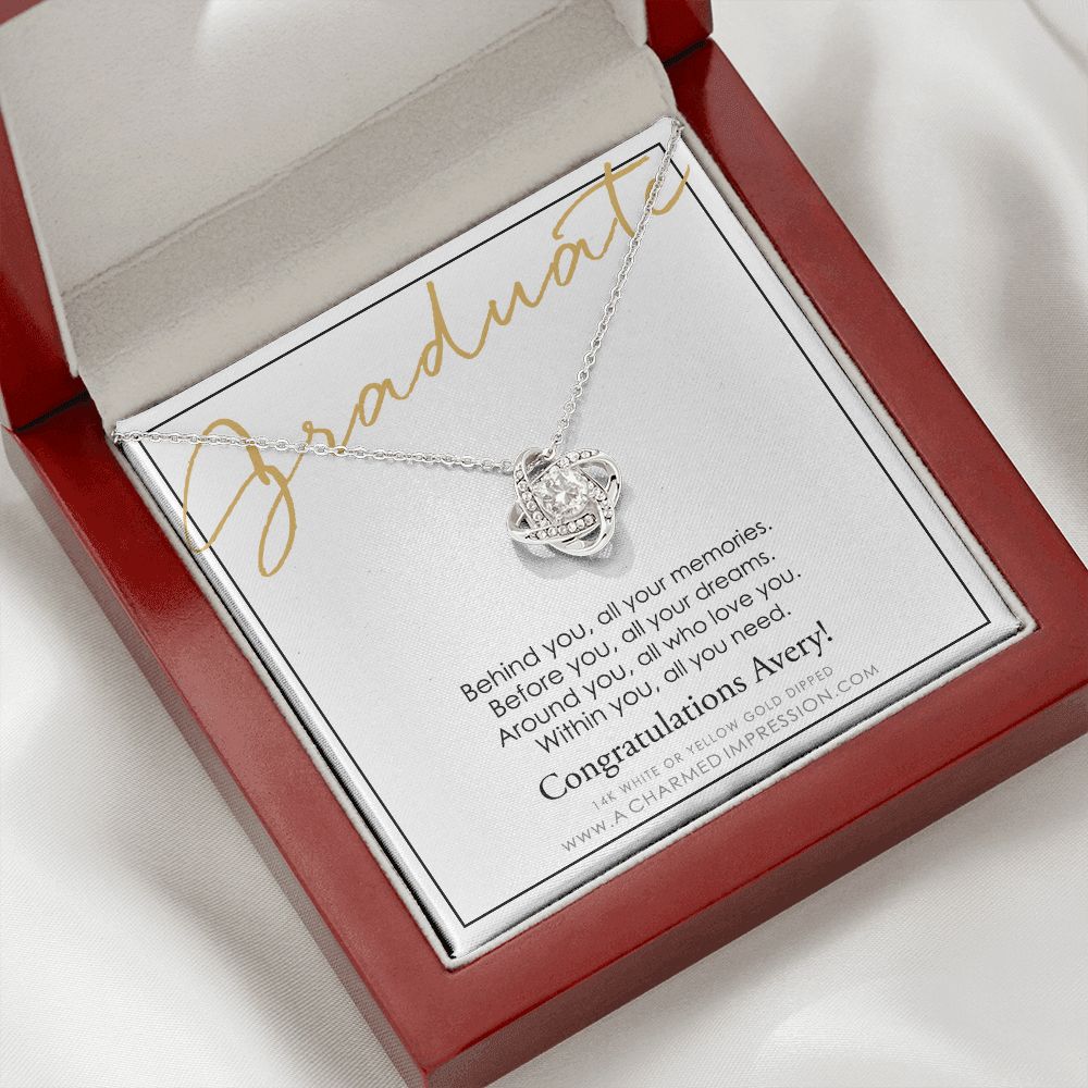 Personalized Graduation Gift, Behind You and Before You Message Card, Celebration Present - Love Knot Necklace