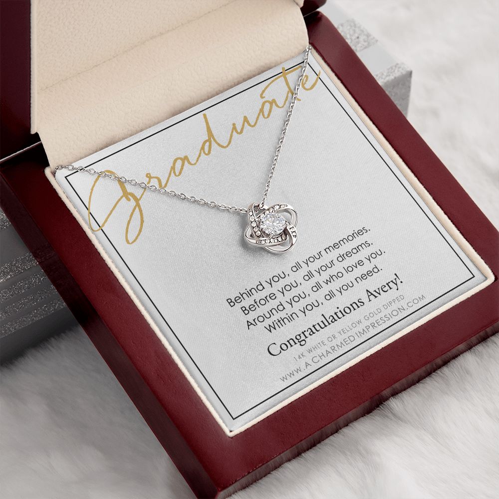 Personalized Graduation Gift, Behind You and Before You Message Card, Celebration Present - Love Knot Necklace