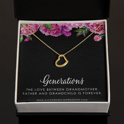 Three Generations of Love • Grandmother, Father, Daughter/Son Jewelry • Gift for Dad Grandma Grandchild, Nana Jewelry - Delicate Heart Necklace
