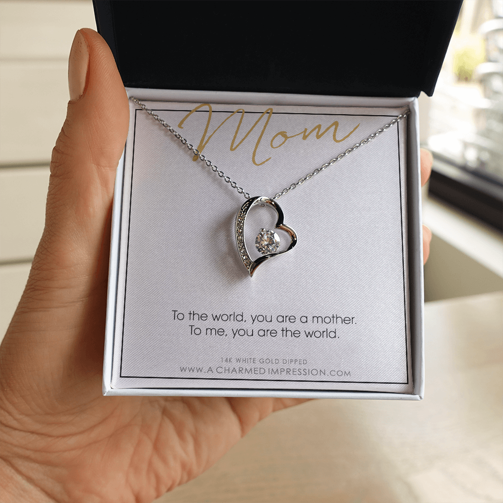 Mother Gift Necklace, Mother's Day Gift, Gifts for Mom, Mom Necklace, CZ Love Knot, Mom You Are the World