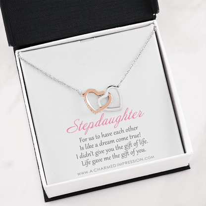 Stepdaughter Gifts from Stepmom Stepdad, Birthday Gifts for Daughter from Mom Dad, Stepdaughter Necklace, Unbiological Daughter Gift - Interlocking Hearts