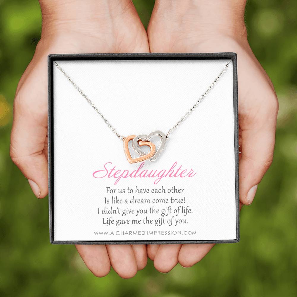 Stepdaughter Gifts from Stepmom Stepdad, Birthday Gifts for Daughter from Mom Dad, Stepdaughter Necklace, Unbiological Daughter Gift - Interlocking Hearts