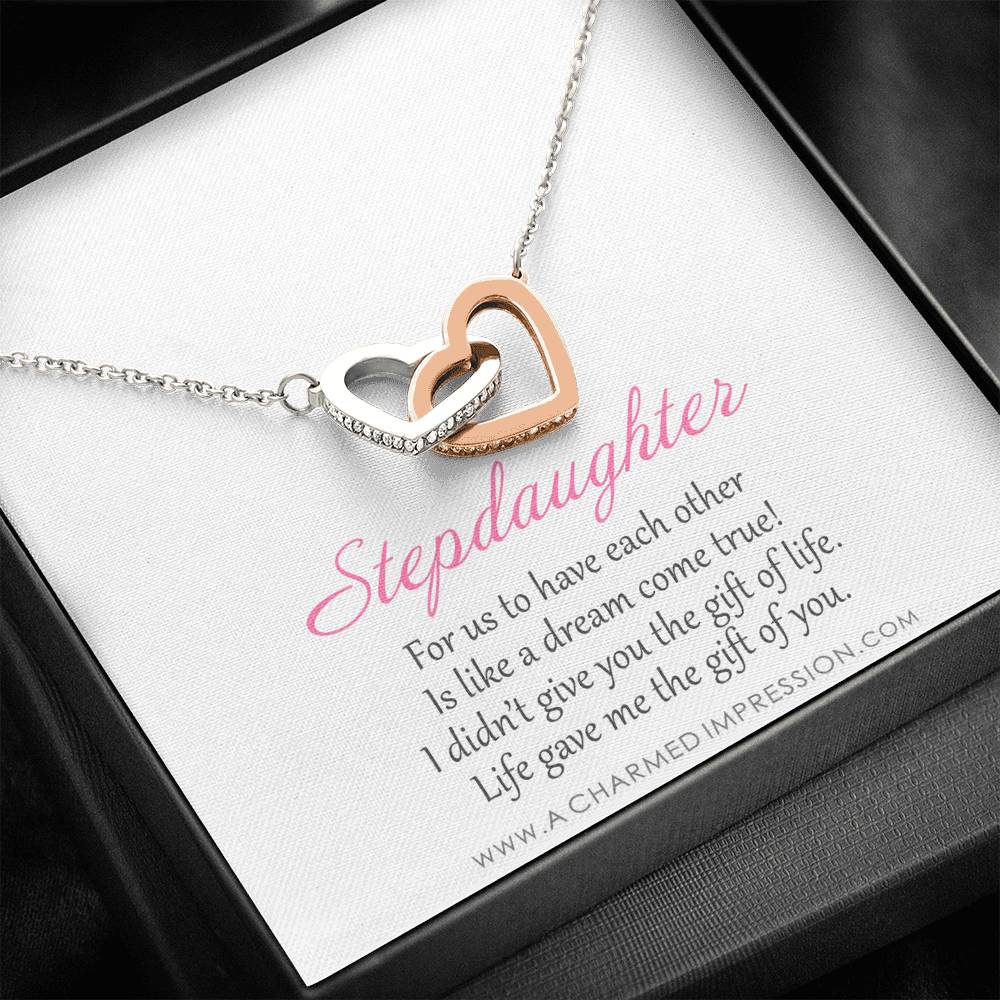 Stepdaughter Gifts from Stepmom Stepdad, Birthday Gifts for Daughter from Mom Dad, Stepdaughter Necklace, Unbiological Daughter Gift - Interlocking Hearts