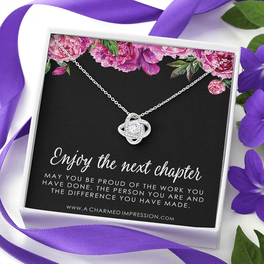 Retirement Gifts for Women, Enjoy the Next Chapter New Job, Promotion, Service Appreciation, Retirement Gift for Her, CZ Love Knot Necklace