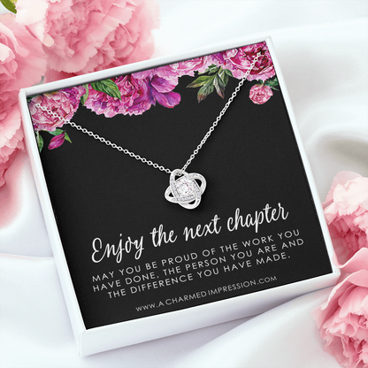 Retirement Gifts for Women, Enjoy the Next Chapter New Job, Promotion, Service Appreciation, Retirement Gift for Her, CZ Love Knot Necklace