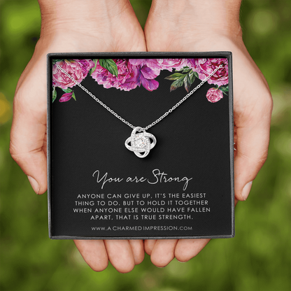 Strength Necklace, Depression, Mental Health, Cancer Survivor Necklace, Breast Cancer Survivor, Infertility Miscarry Gift, Fertility Wish - Love Knot