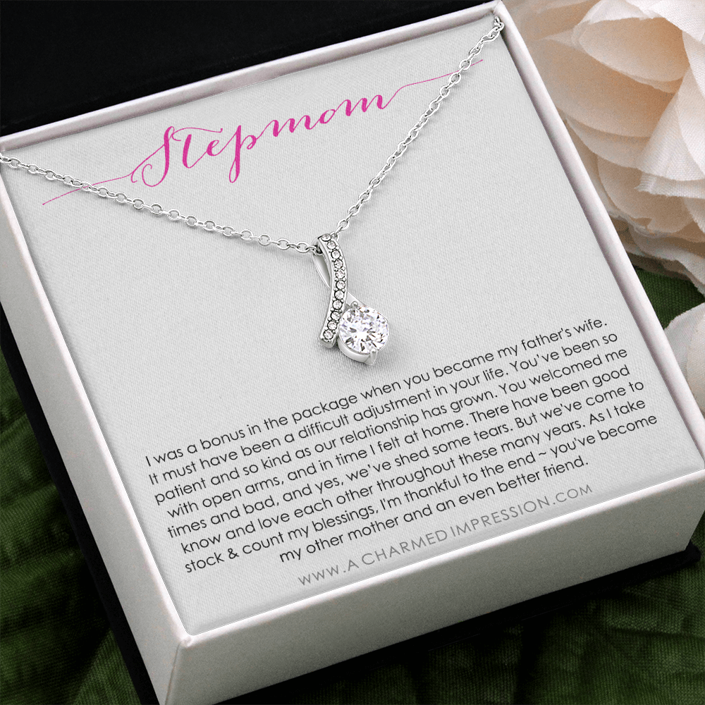 Bonus Mom Gift Necklace, Present for Stepmom for Mother's Day, Christmas, Birthday, Symbolic Ribbon Setting - Alluring Beauty